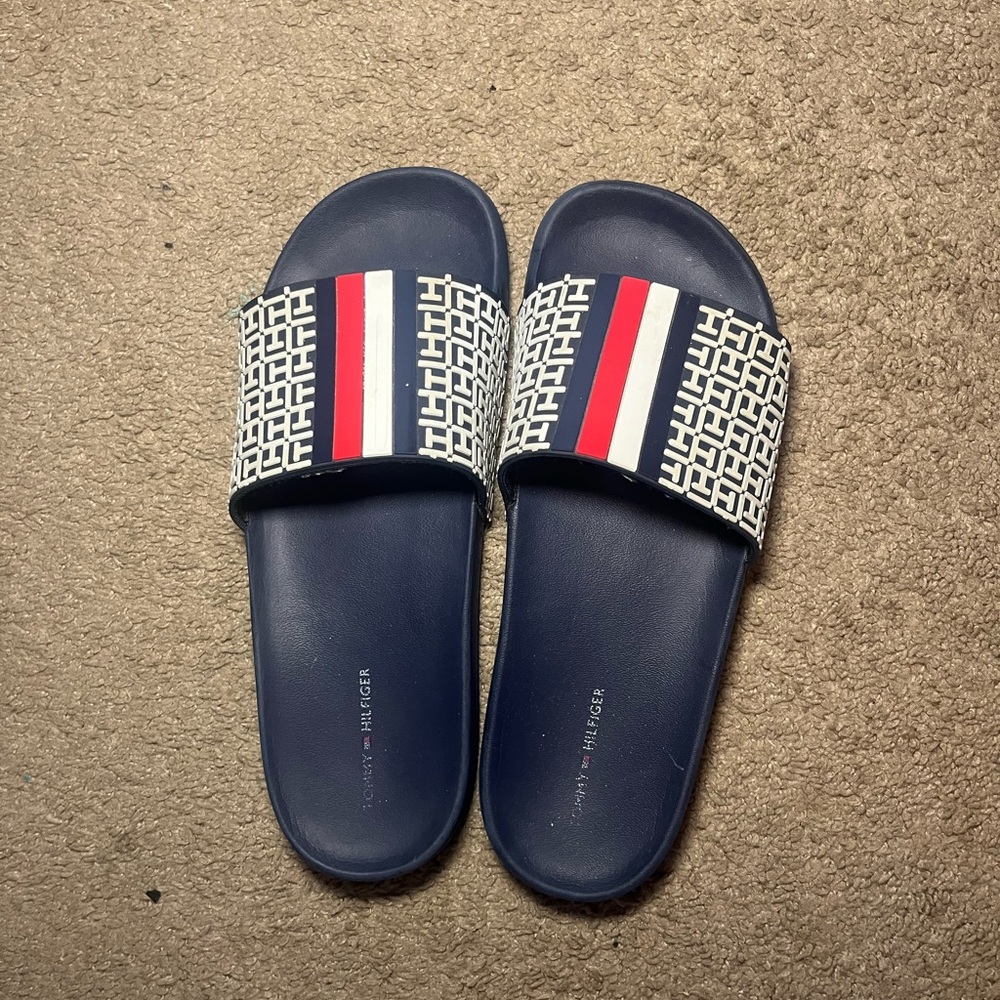 Tommy Hilfiger Blue and White Patterned Slides